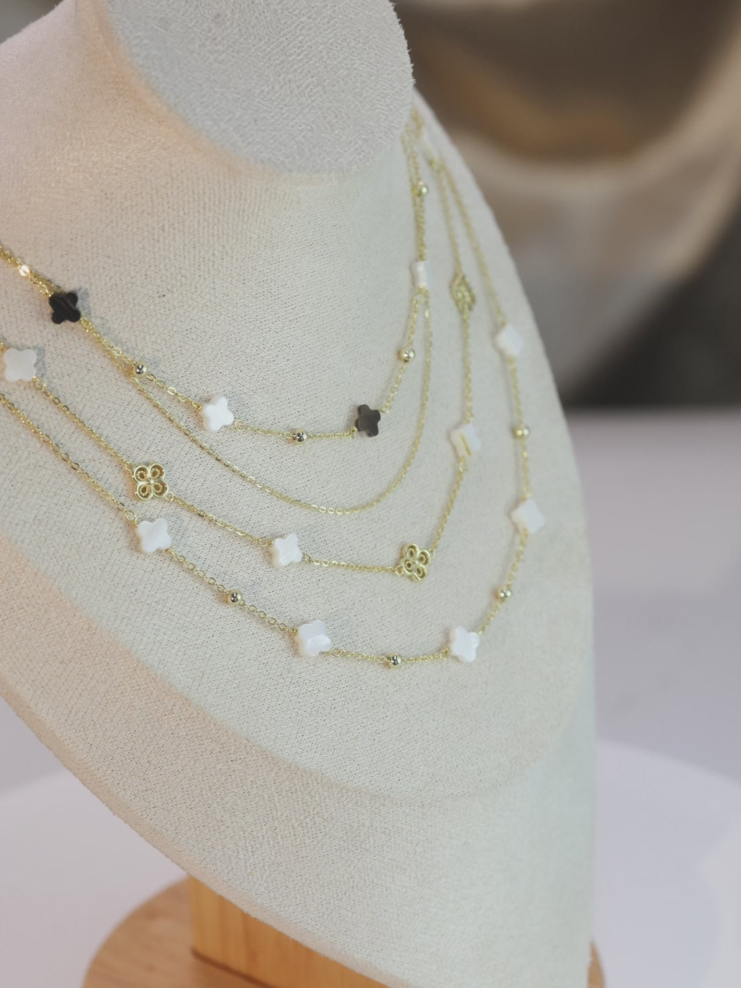 Black Shell 14K Gold Plated 925 Sterling Silver Four-leaf Clover Double-layer Necklace