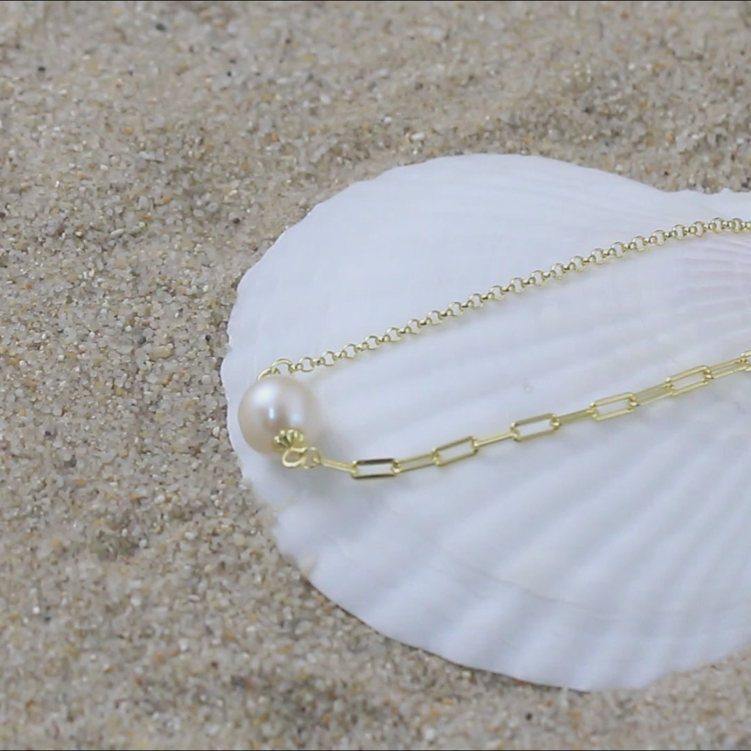 Cultured Freshwater Pearl 14K Gold Plated 925 Sterling Silver Paperclip Necklace